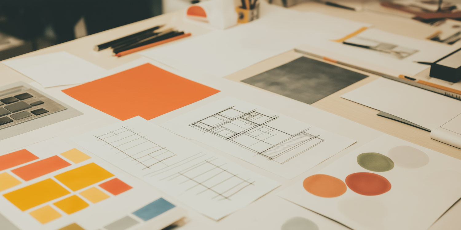 Designer desk with architectural sketches and color swatches