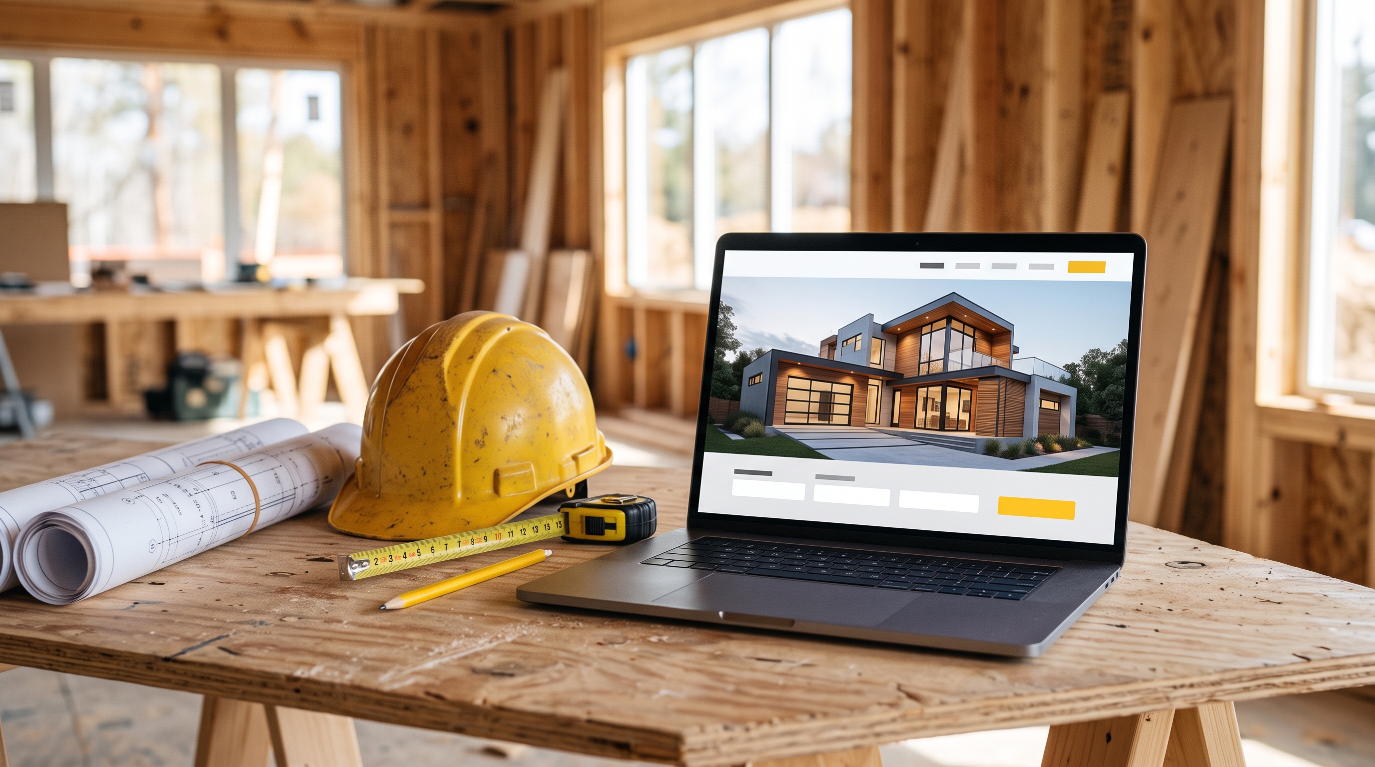 A laptop showing a construction company website on a jobsite table with blueprints and a hard hat