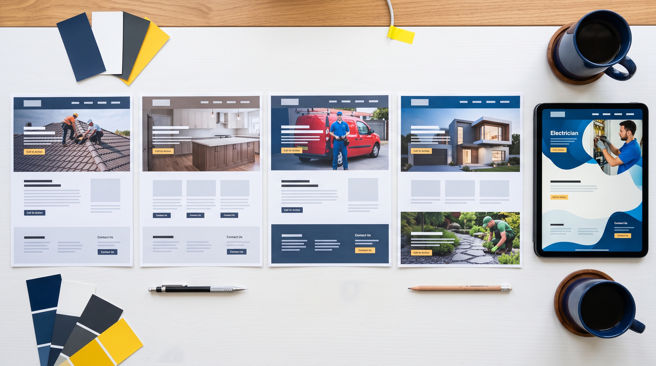 Printed construction website layouts spread out on a designer’s desk