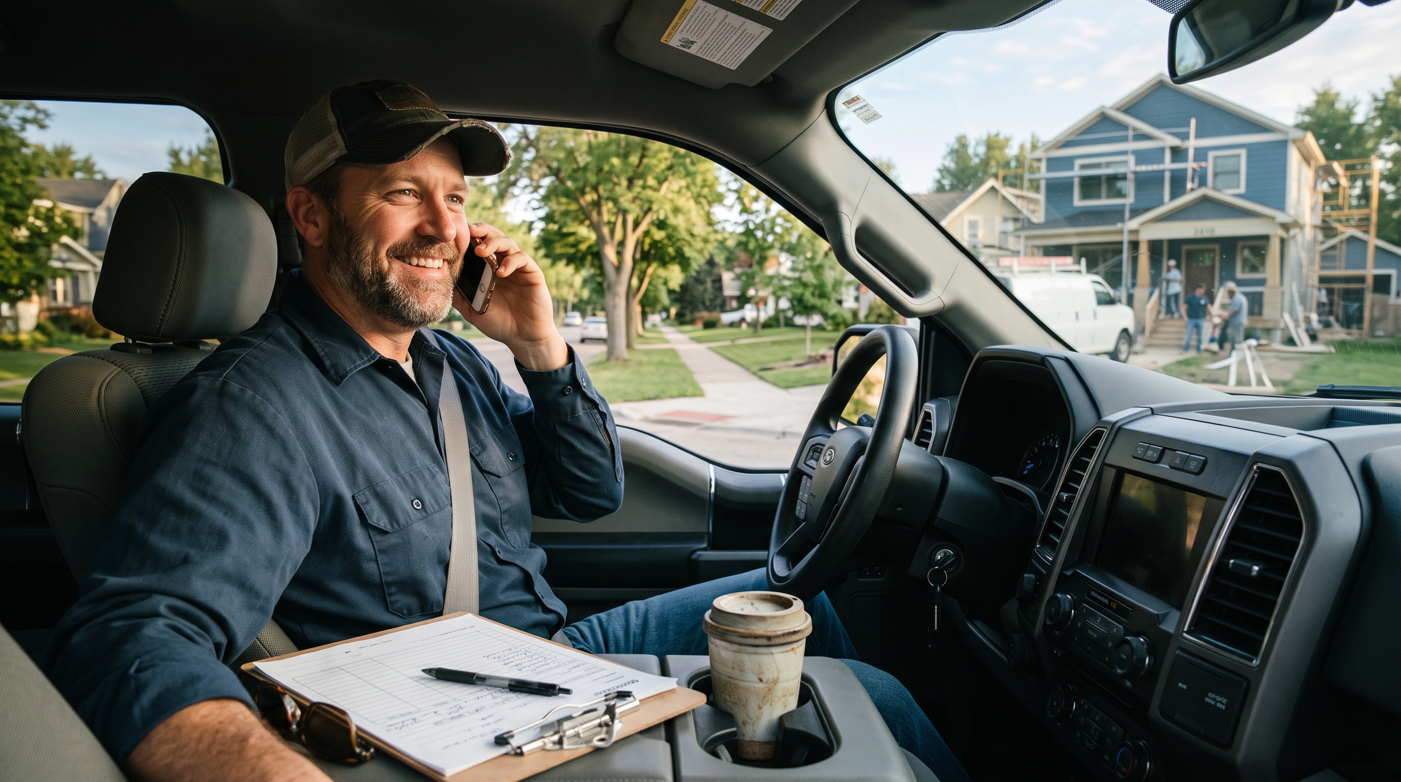A remodeling contractor answering a customer call from his pickup truck