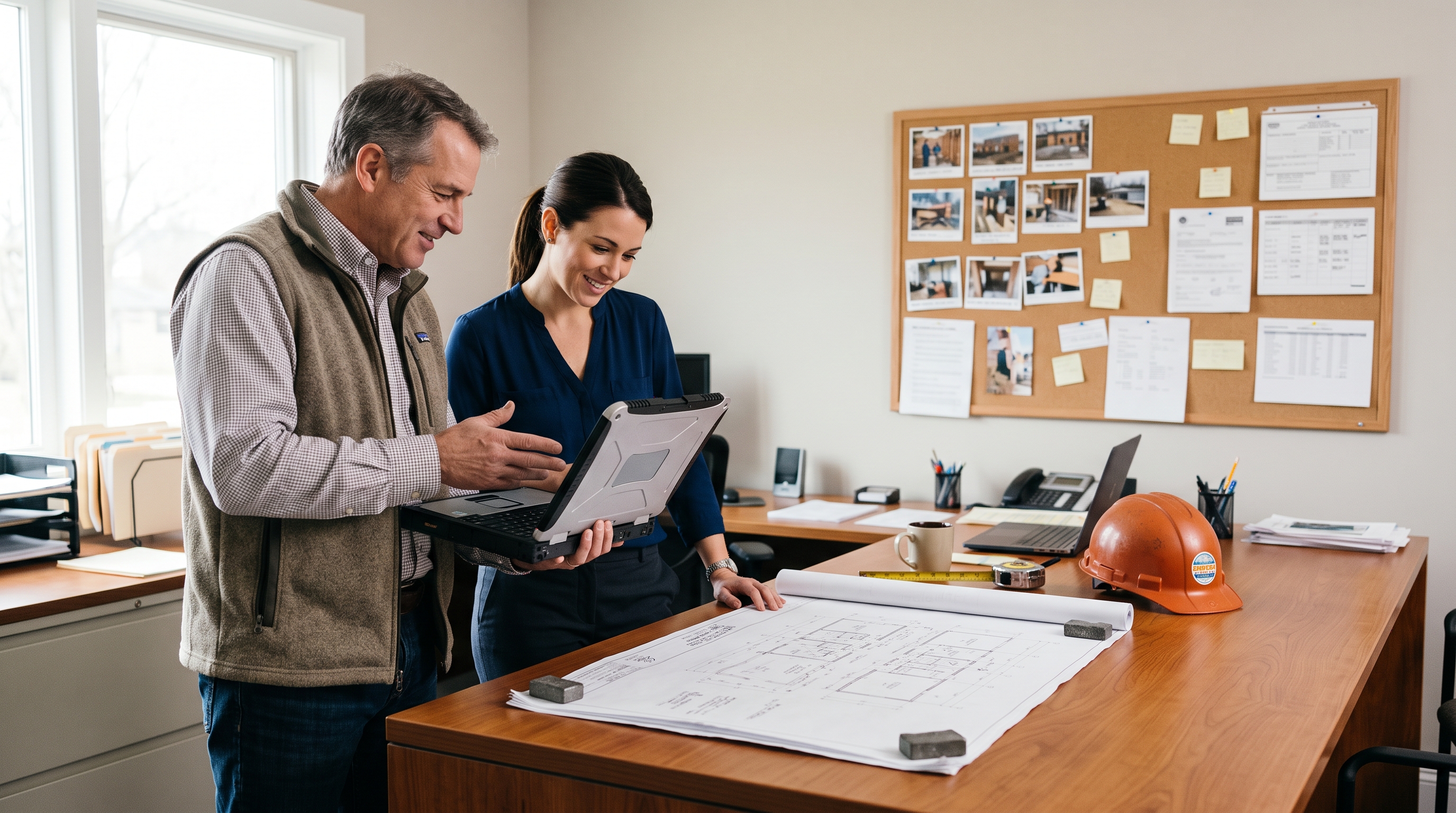 A construction company owner and project manager reviewing plans and a laptop in their office