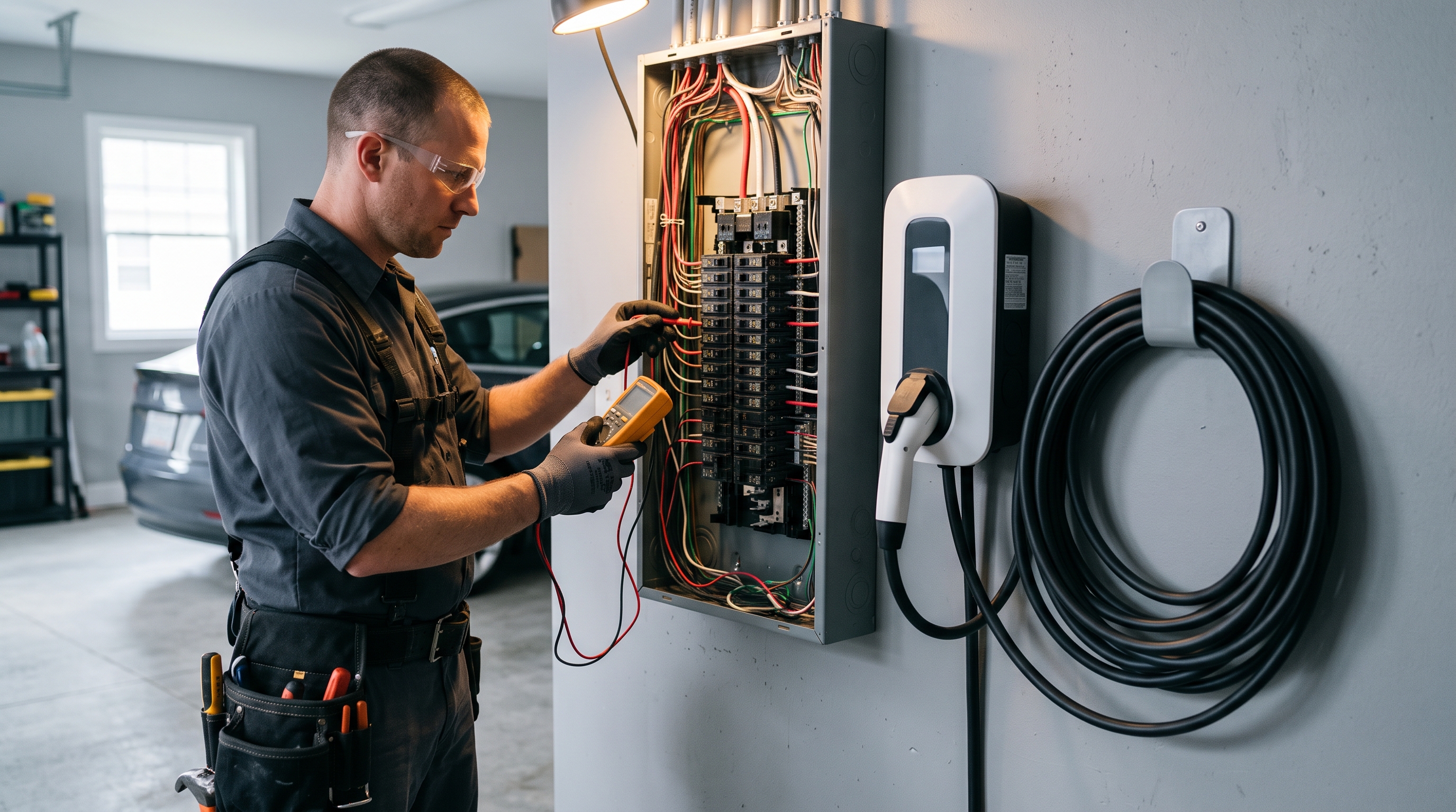 An electrician working on a residential electrical panel next to a wall-mounted EV charger