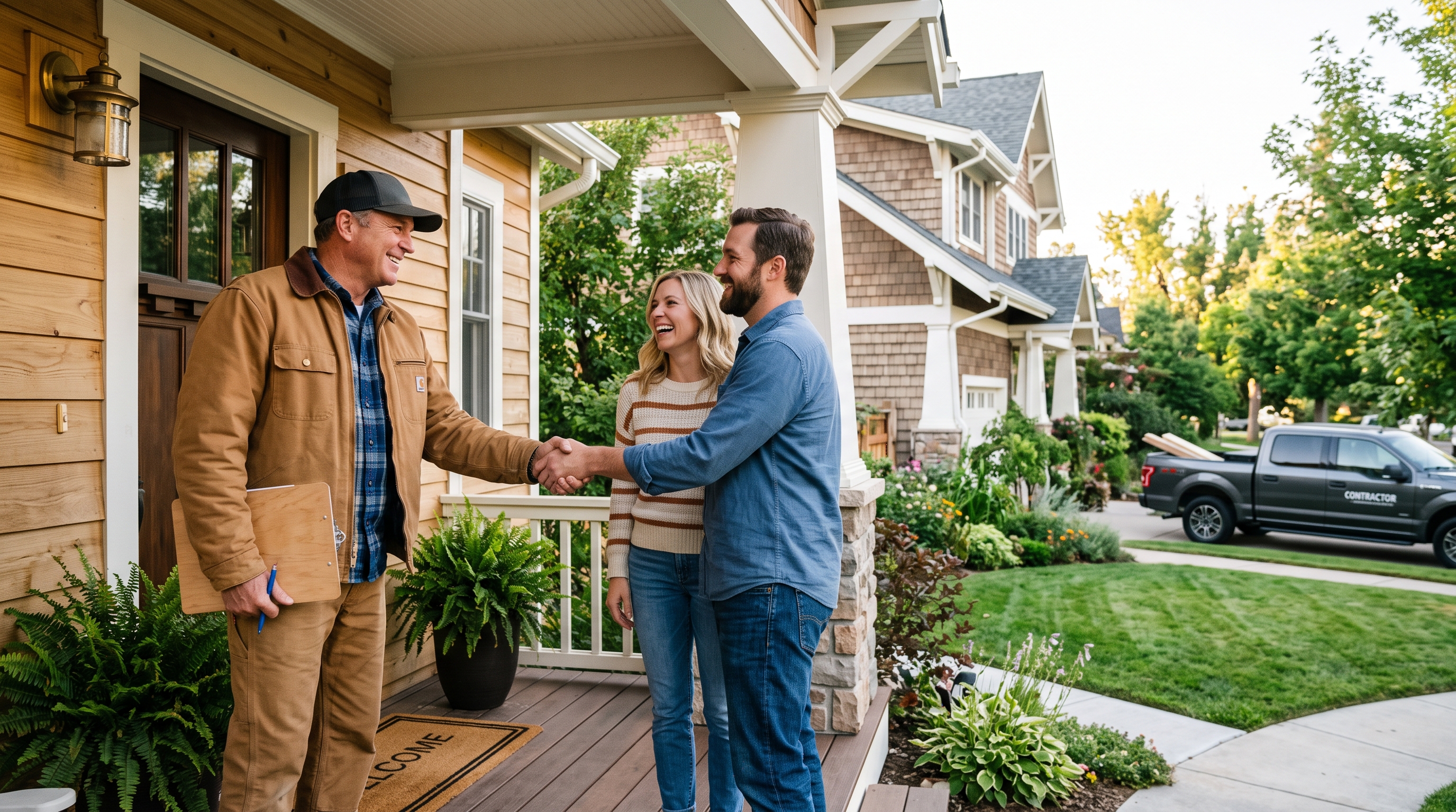 A general contractor shaking hands with homeowners on the porch of a renovated house
