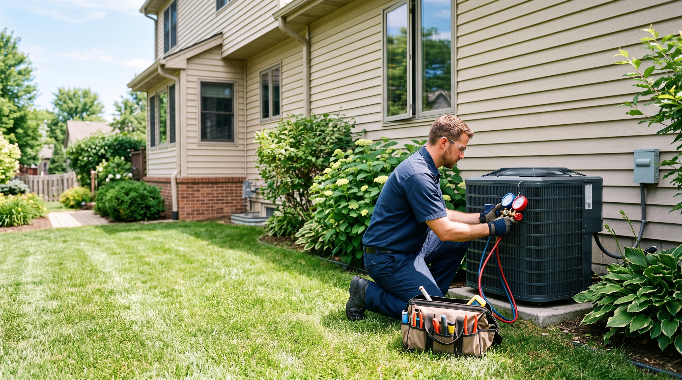 An HVAC technician servicing an outdoor air conditioning unit beside a home