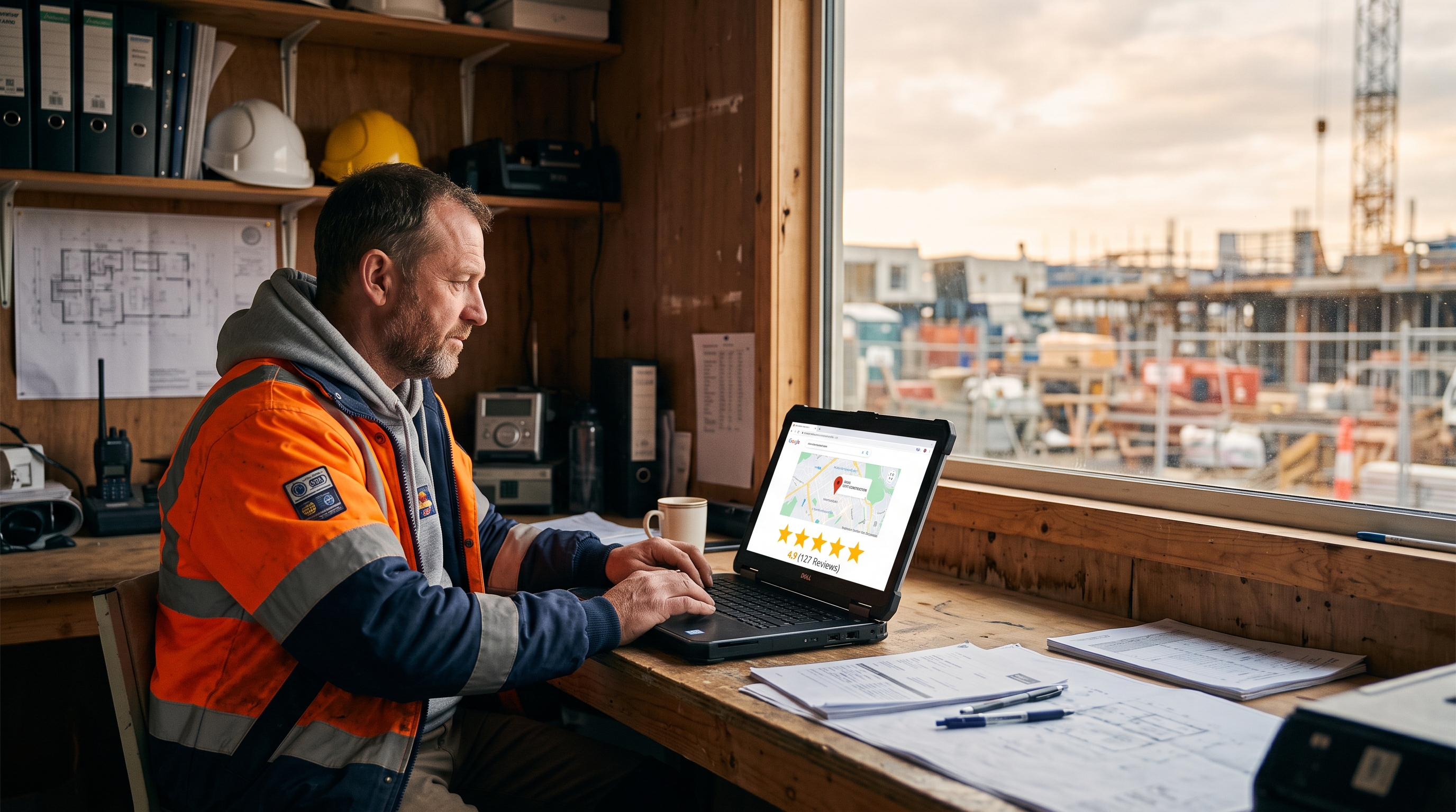 A construction business owner at a laptop in a site office, viewing a website with Google Business Profile and reviews
