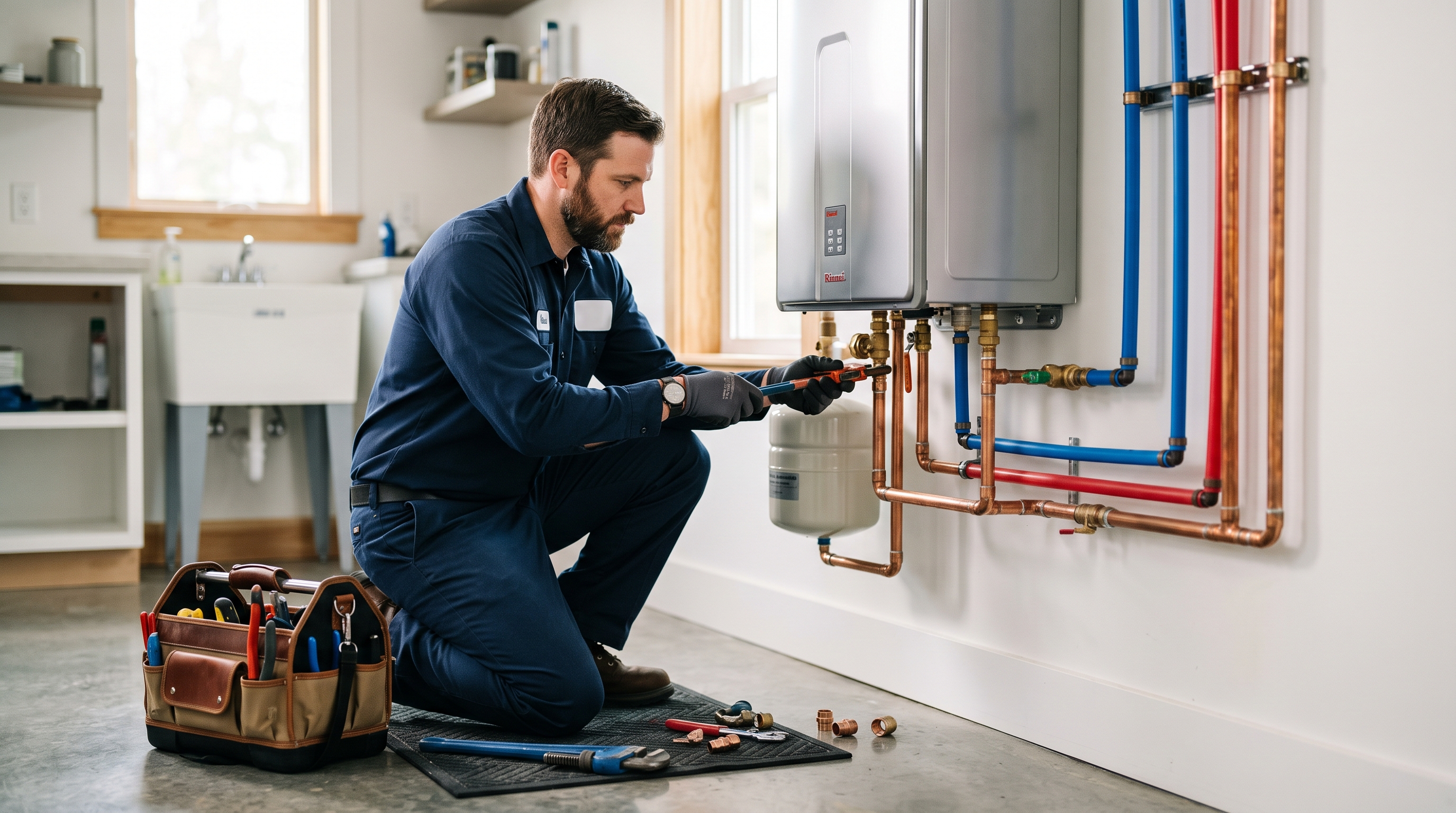 A plumber installing a tankless water heater in a home utility room
