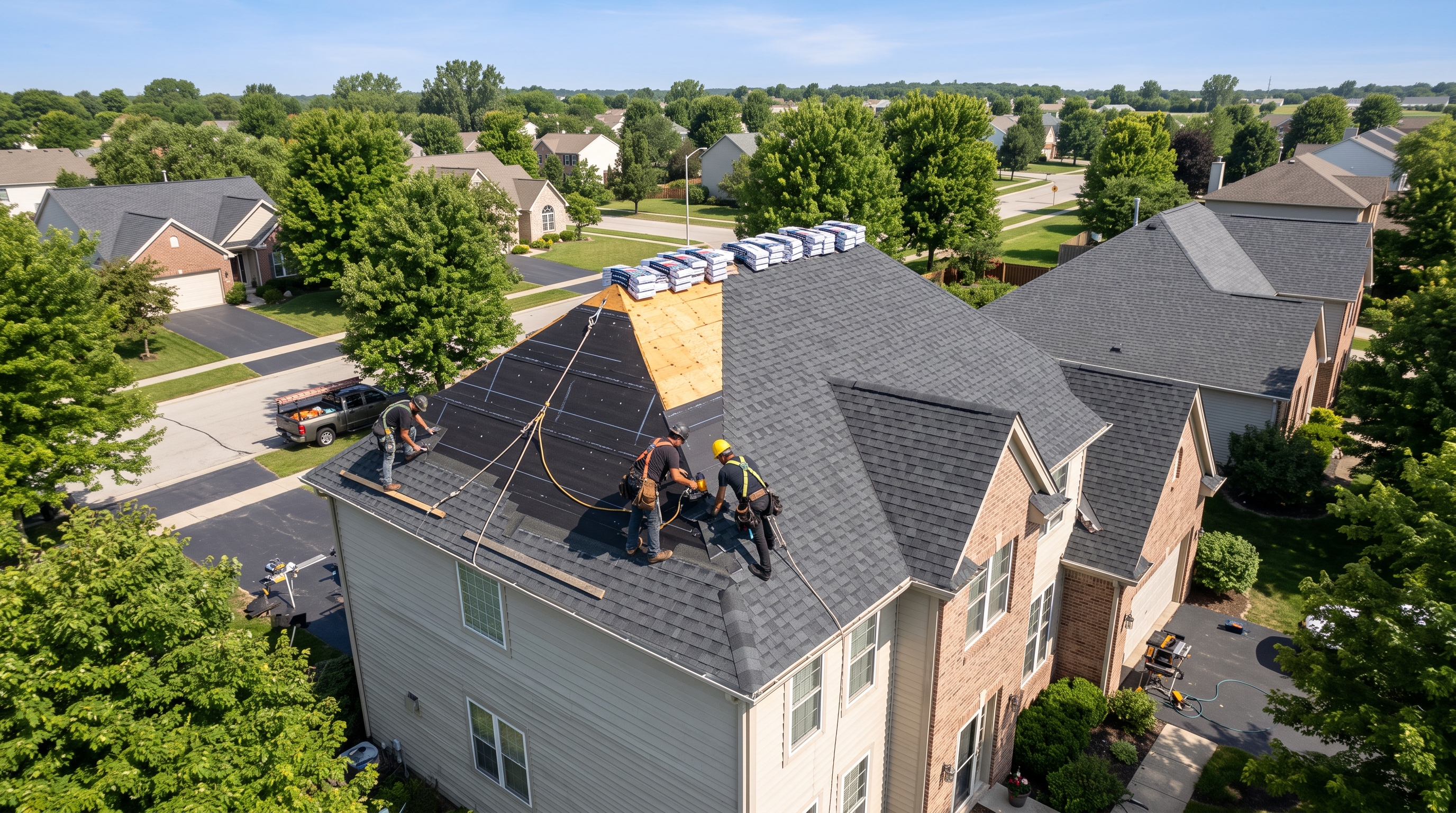 Aerial view of roofers installing new asphalt shingles on a suburban home