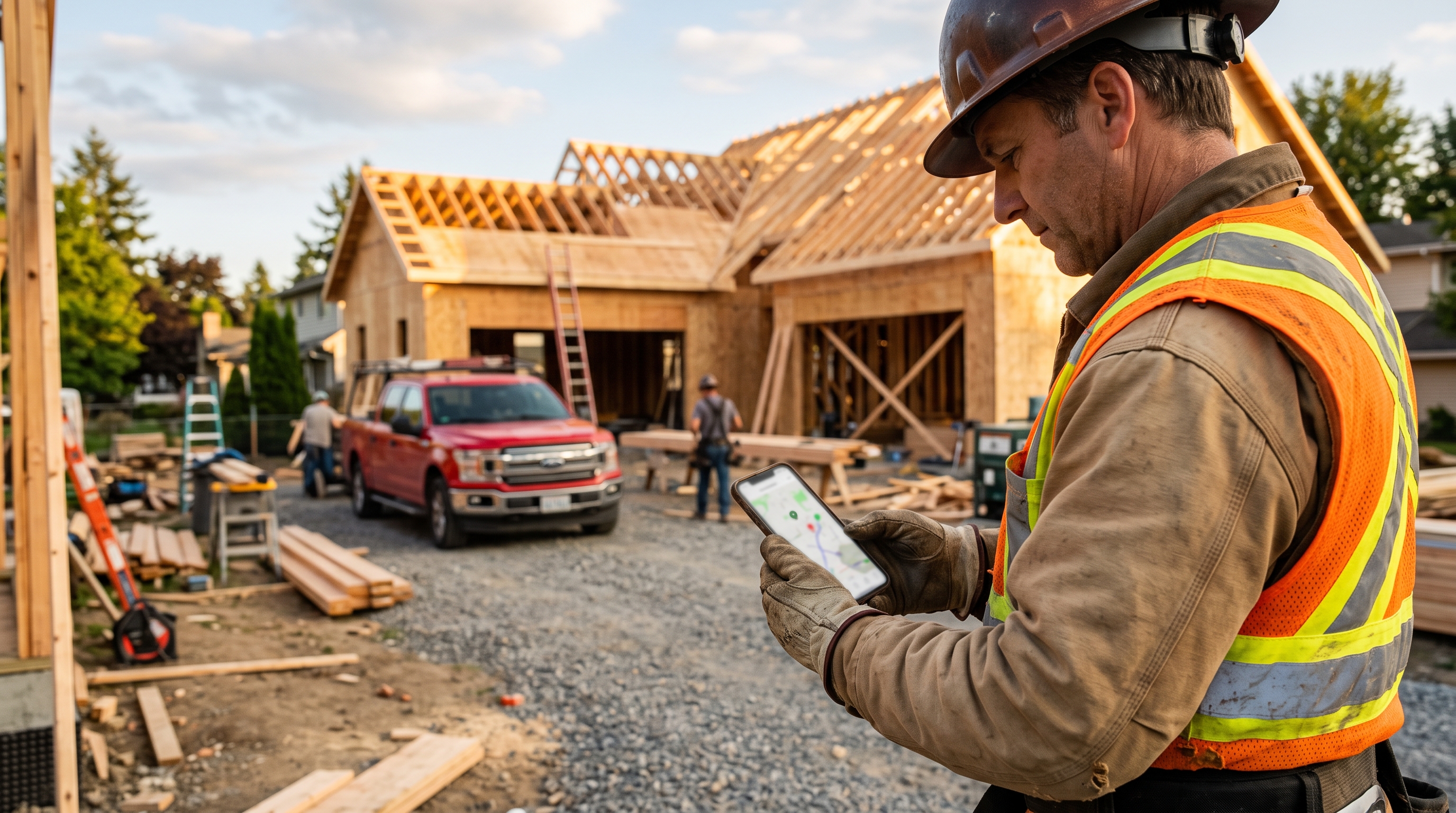 A general contractor checking a map on his phone at a residential job site