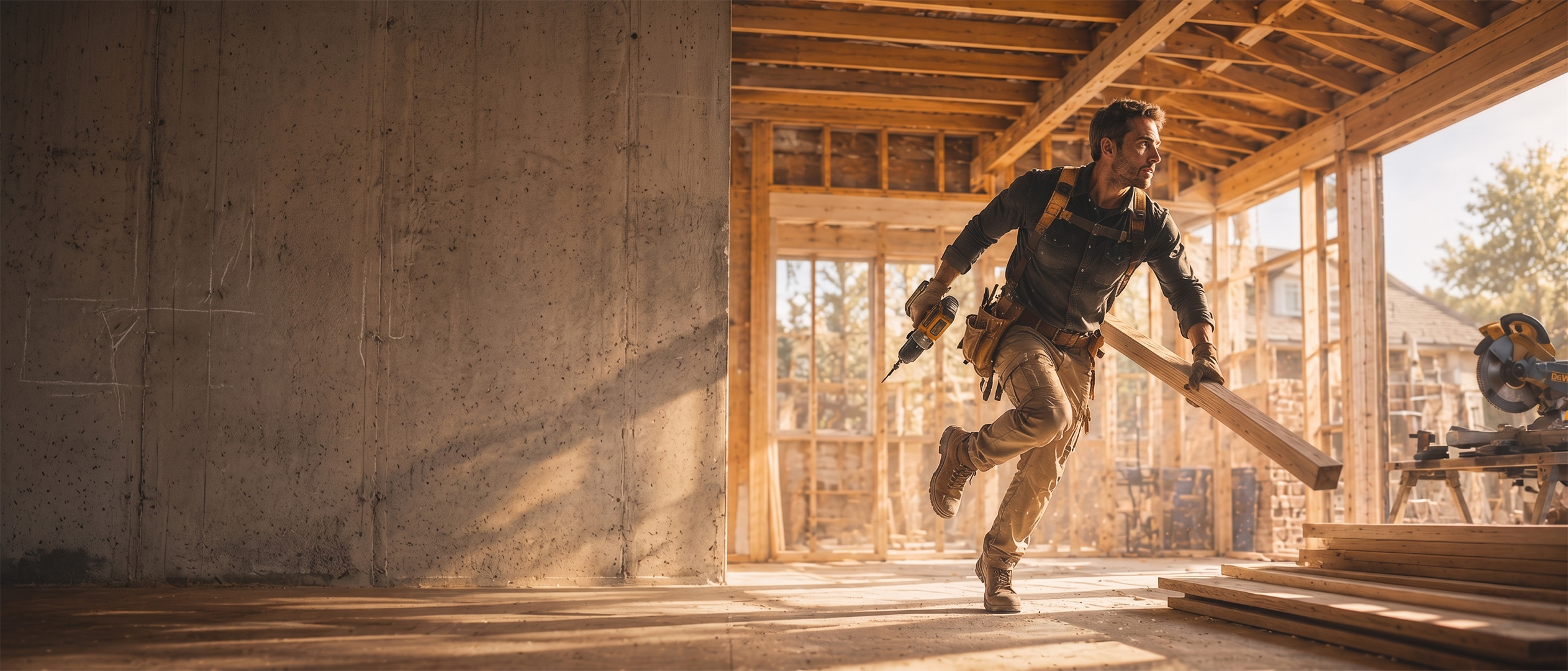 Builder working on a single-story home addition