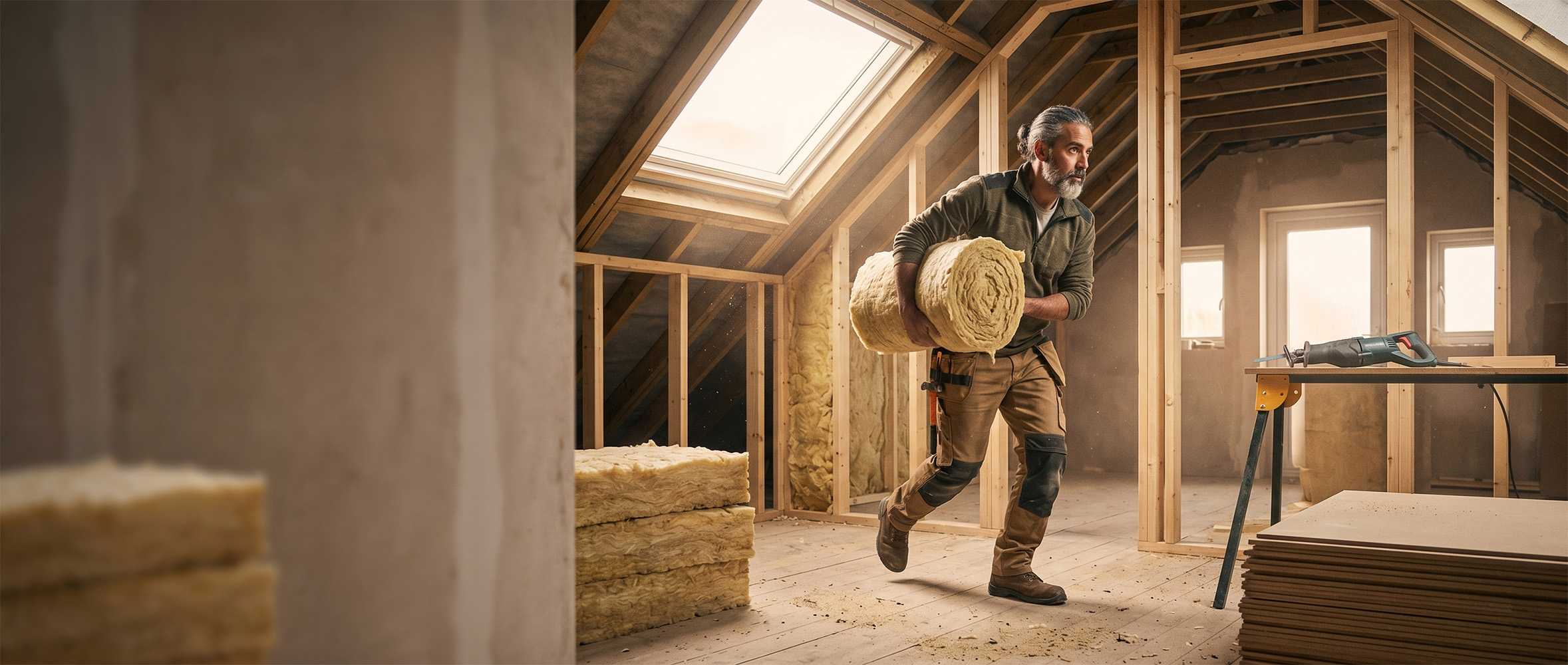 Tradesperson framing an attic conversion under a pitched roof